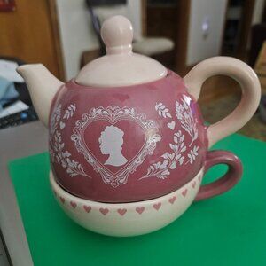 pink cameo stacked teapot  teapot & cup  by Bridgerton
